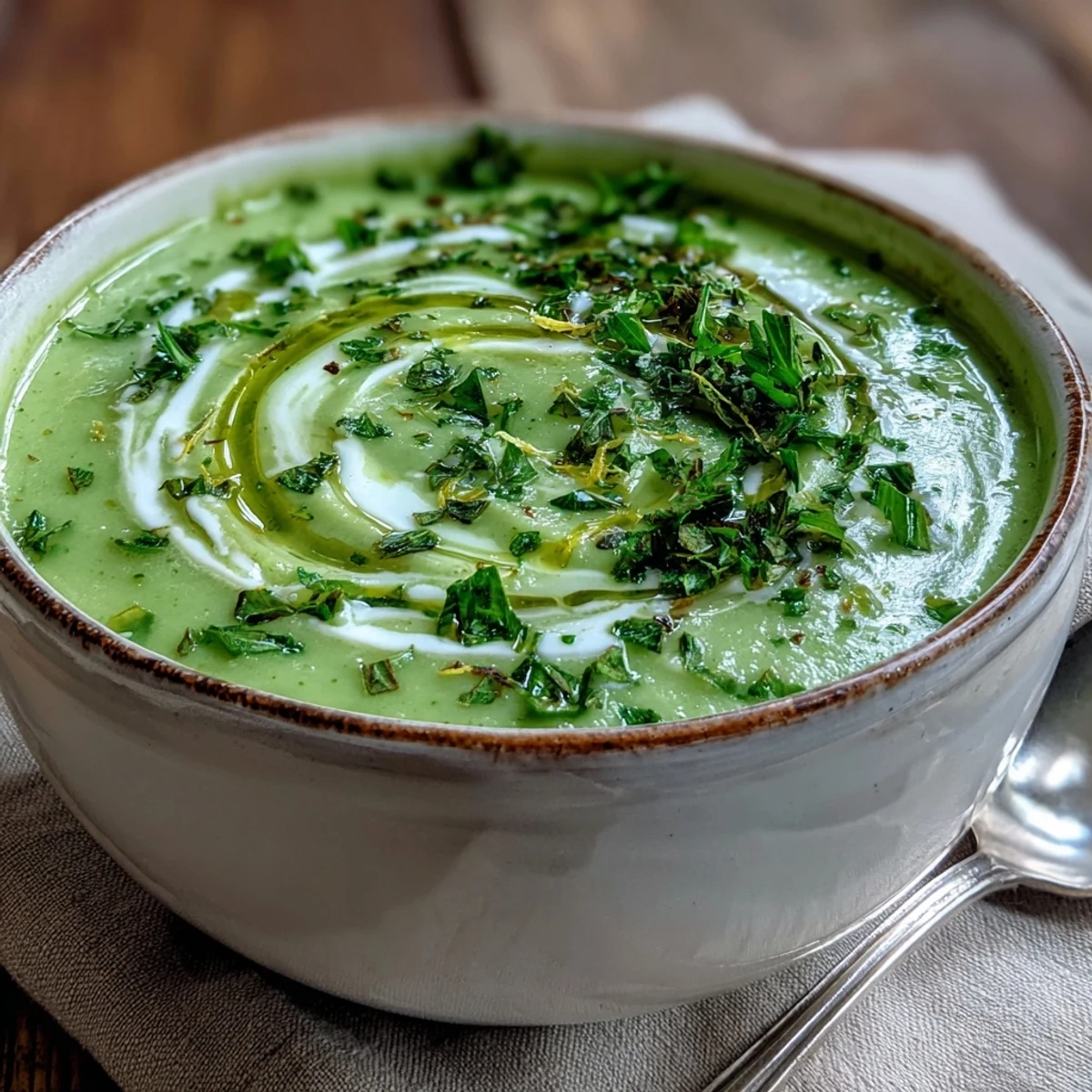 Silky blended Zucchini Soup in a white bowl, topped with a drizzle of olive oil and fresh parsley.