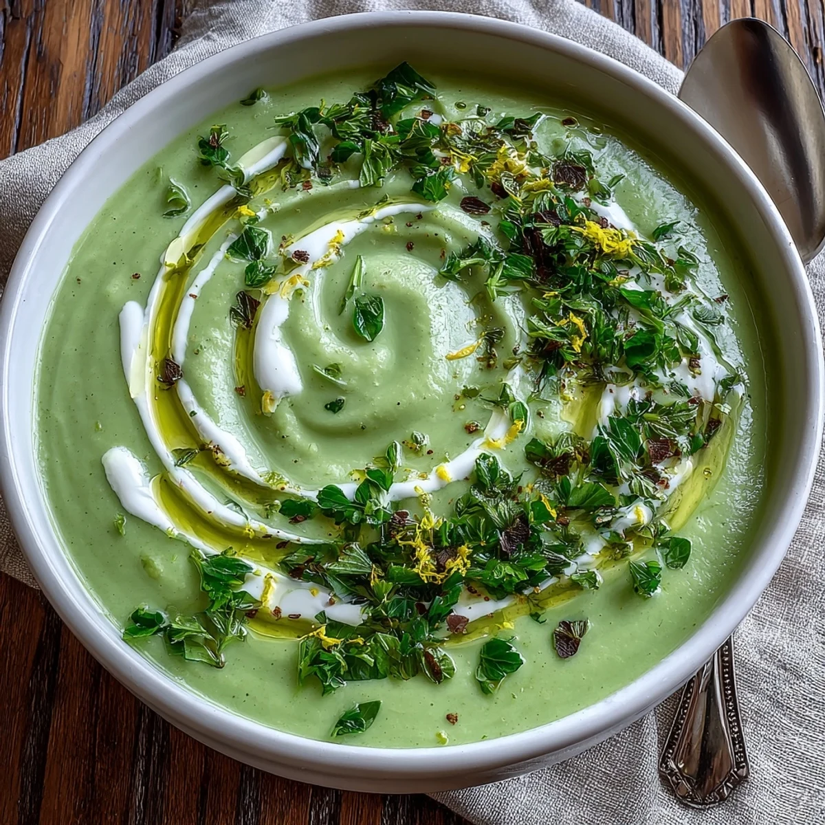 Bright green Zucchini Soup in a ceramic cup, served with crusty bread and a lemon wedge on the side.