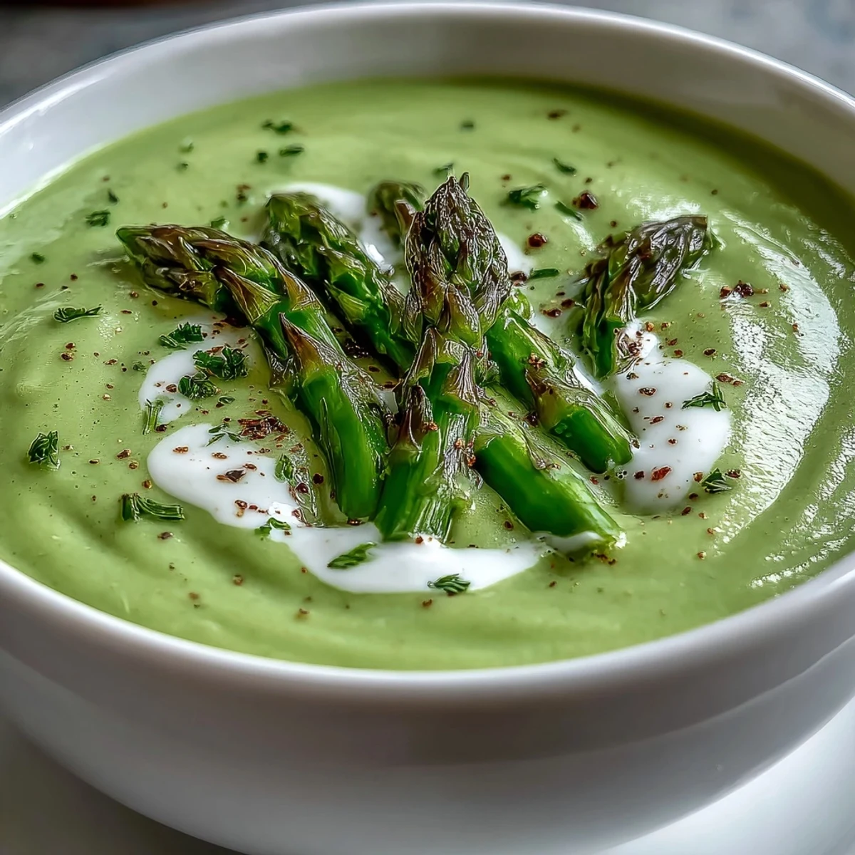 Creamy homemade Asparagus Soup served in a white bowl, garnished with tender green asparagus tips and fresh chives.