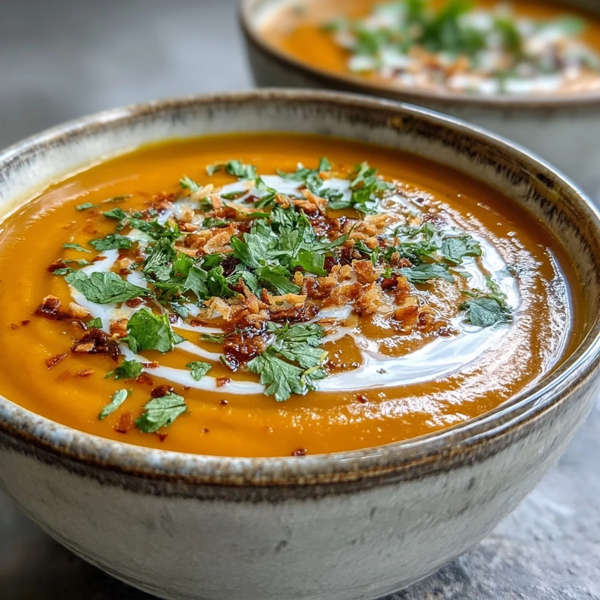 A warm bowl of Carrot and Coconut Soup garnished with cilantro and toasted coconut flakes, ideal for a cozy vegan dinner with crusty bread.