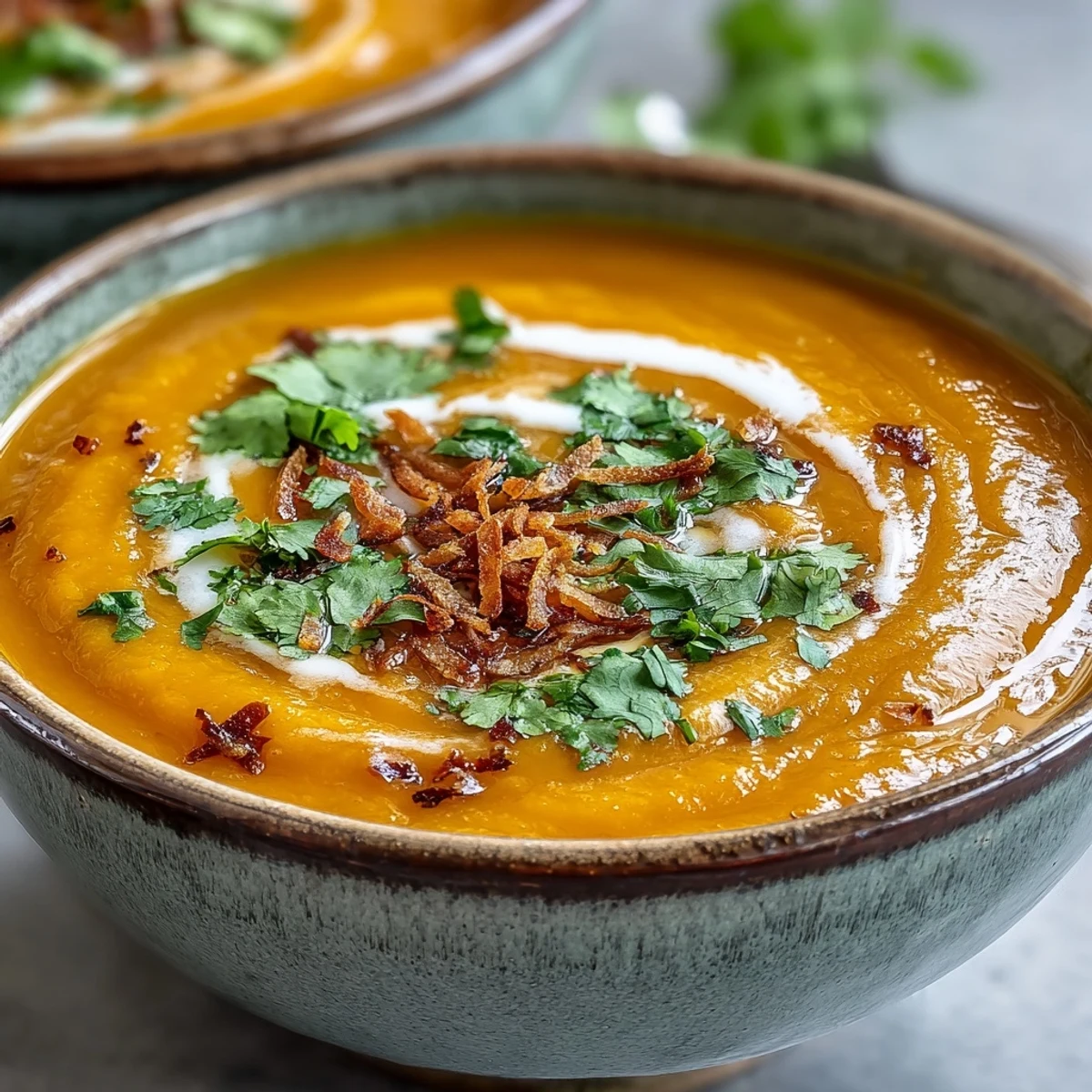 Overhead view of velvety Carrot and Coconut Soup with bright orange hue, garnished with fresh cilantro and lime for a zesty finish.