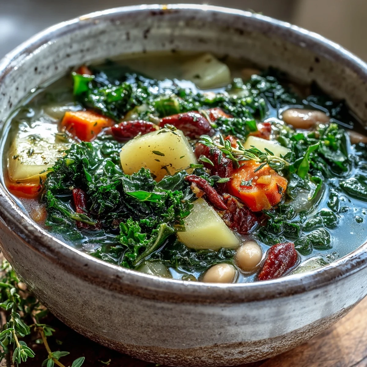 Healthy Kale Soup in a rustic bowl, garnished with lemon and fresh thyme.