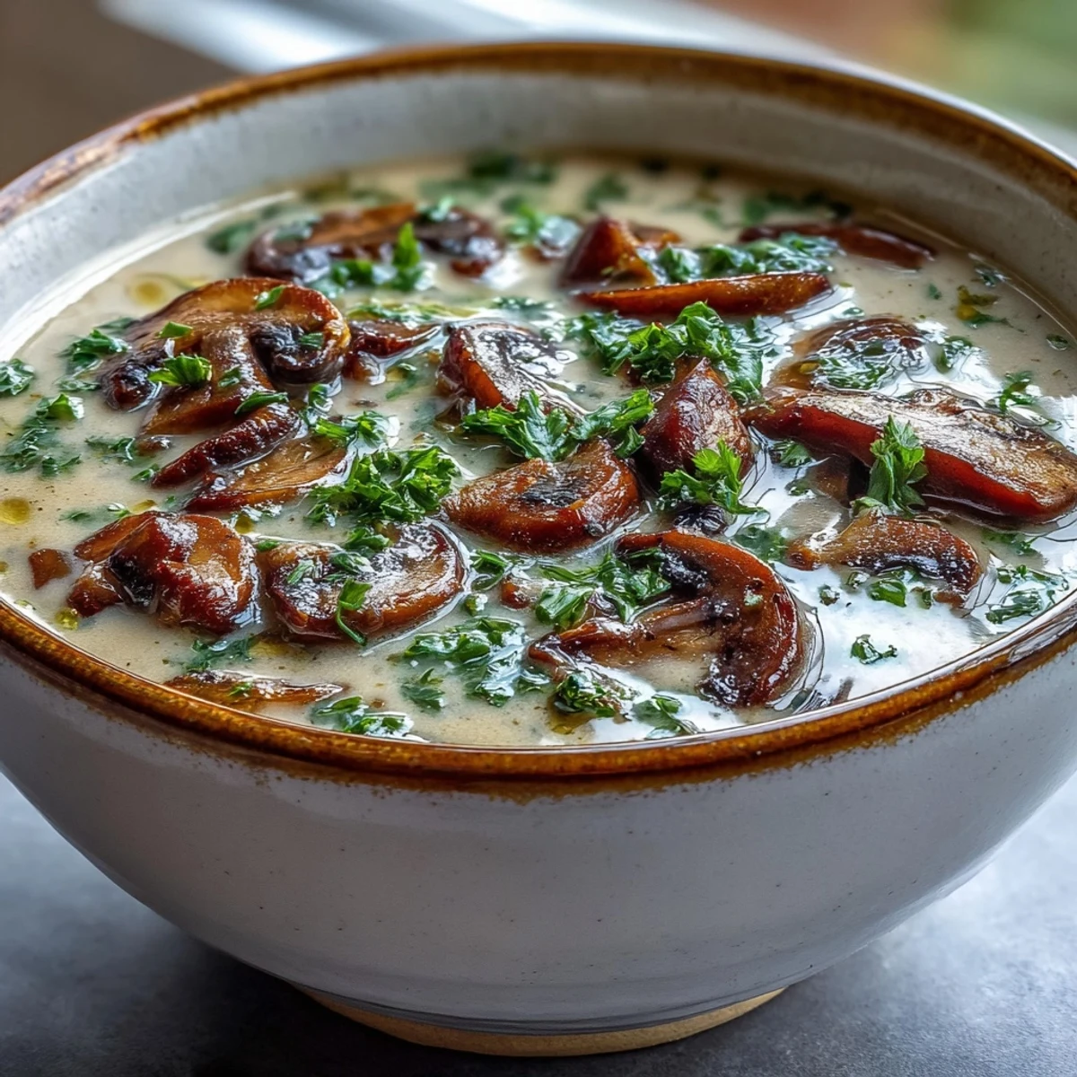 Creamy mushroom soup in a rustic bowl, garnished with fresh parsley for a cozy, comforting meal.