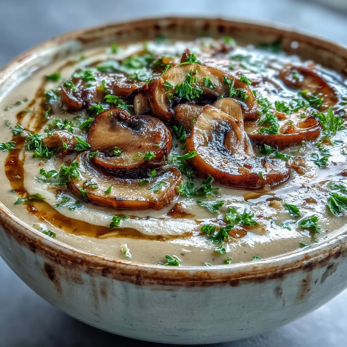 Earthy mushroom soup simmering in a pot, ready to be served with warm crusty bread.