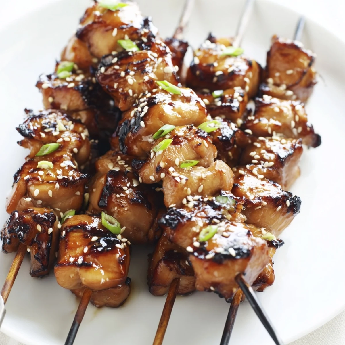 Tender ginger teriyaki chicken skewers, grilled and garnished with sesame seeds.  