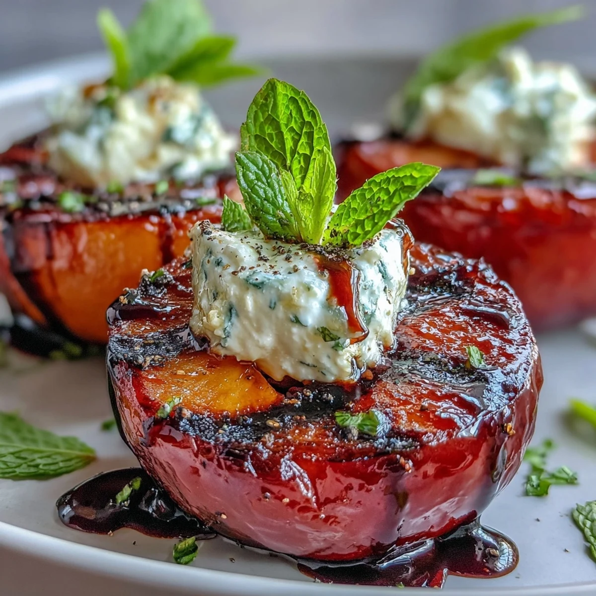 Grilled plums with goat cheese and balsamic glaze on a platter, garnished with fresh mint.
