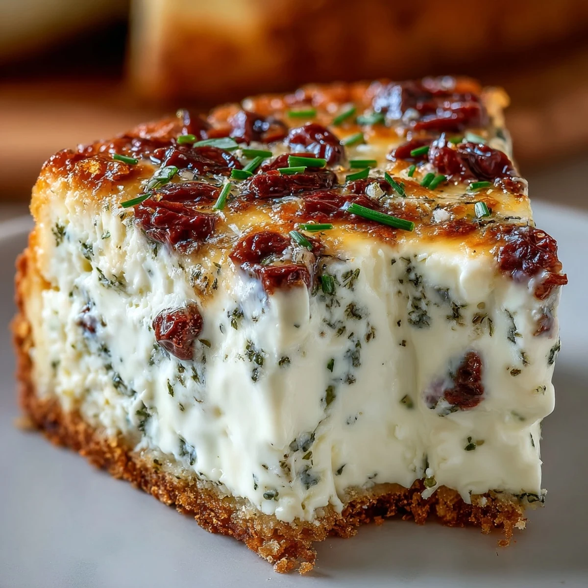 A chilled slice of Kalamata cheesecake appetizer reveals chopped olives inside, paired with extra virgin olive oil for dipping at a Mediterranean gathering.