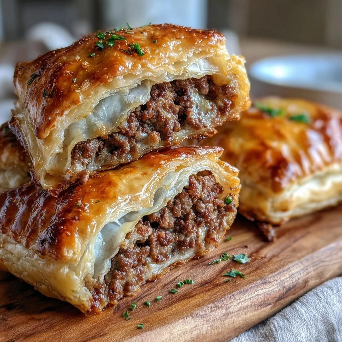 Golden-brown Mini Beef Tourtières with flaky cream cheese pastry and a savory, spiced ground beef filling on a rustic wooden board.