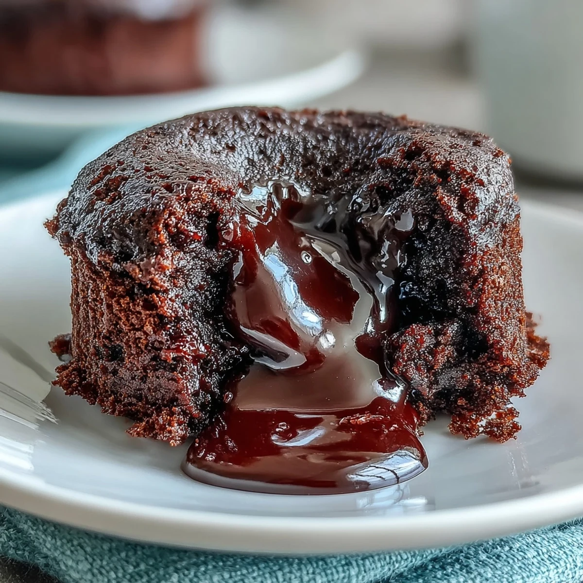 Golden Chocolate Lava Cakes with Espresso sit inverted on white plates, releasing molten dark chocolate beside a scoop of vanilla ice cream.