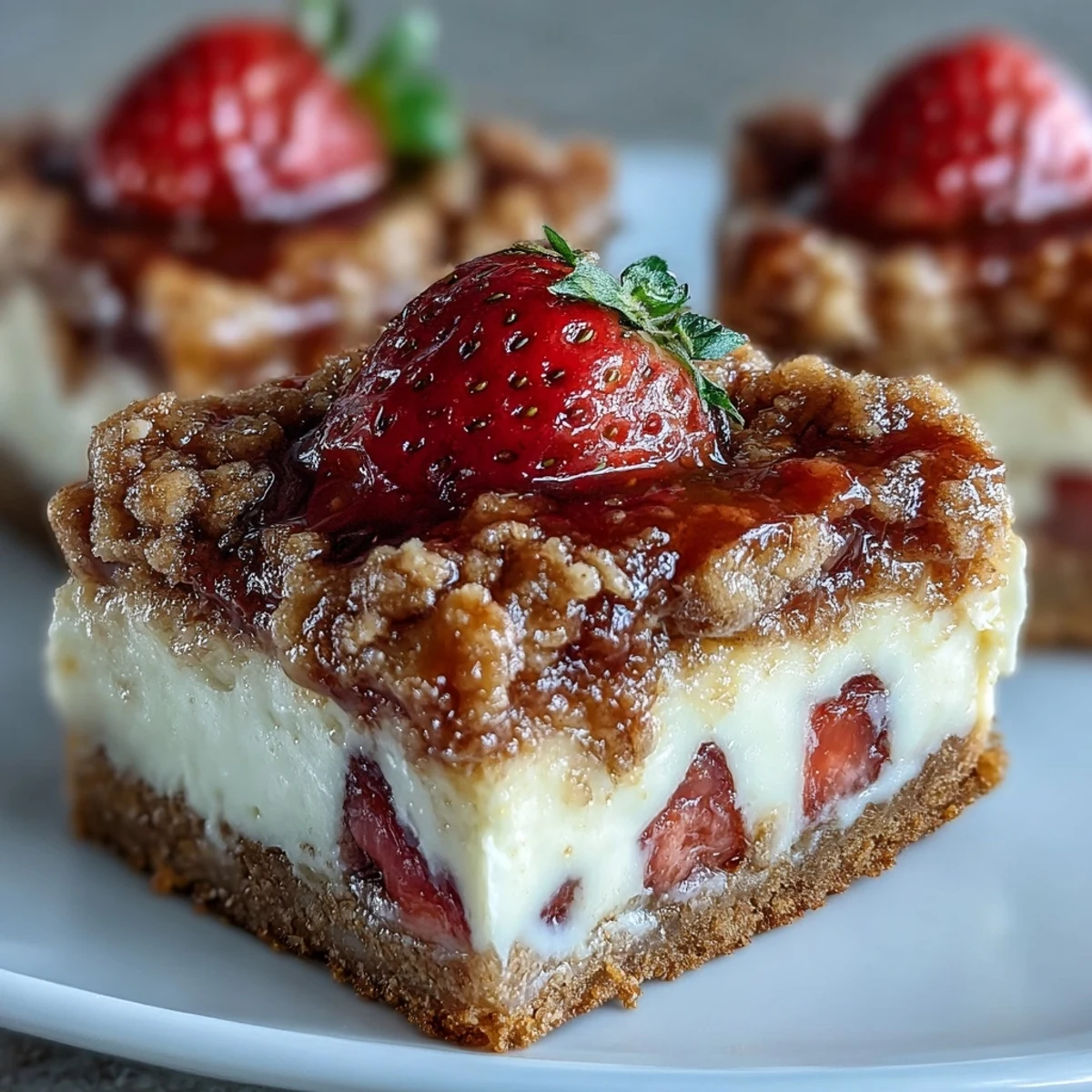 Golden-brown cinnamon streusel tops moist Strawberry Cheesecake Bars, featuring a creamy layer and fresh berry garnish on a cooling rack.