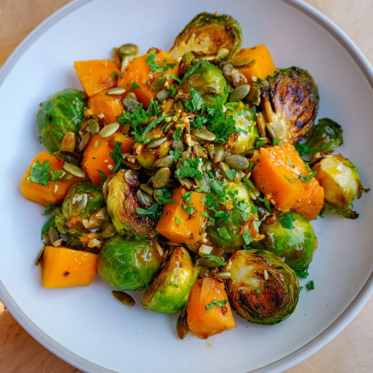 Golden-brown Roasted Brussels Sprouts & Butternut Squash, coated in citrus dressing, ready to enjoy.