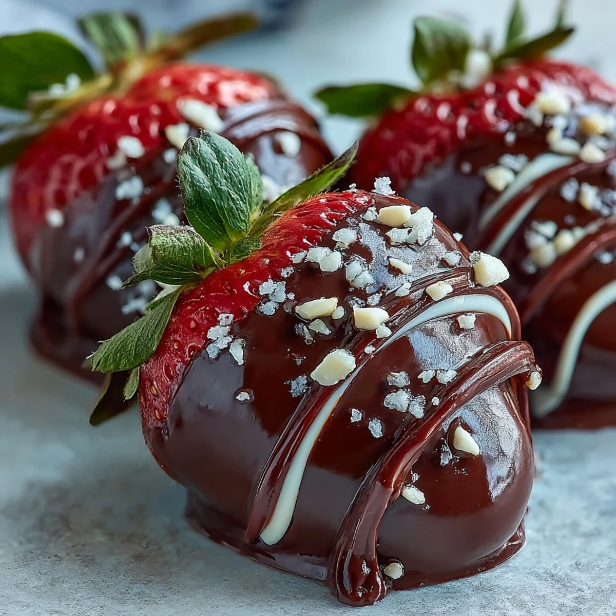 Fresh strawberries dipped in glossy chocolate, topped with nuts, served on a platter for a romantic dessert.
