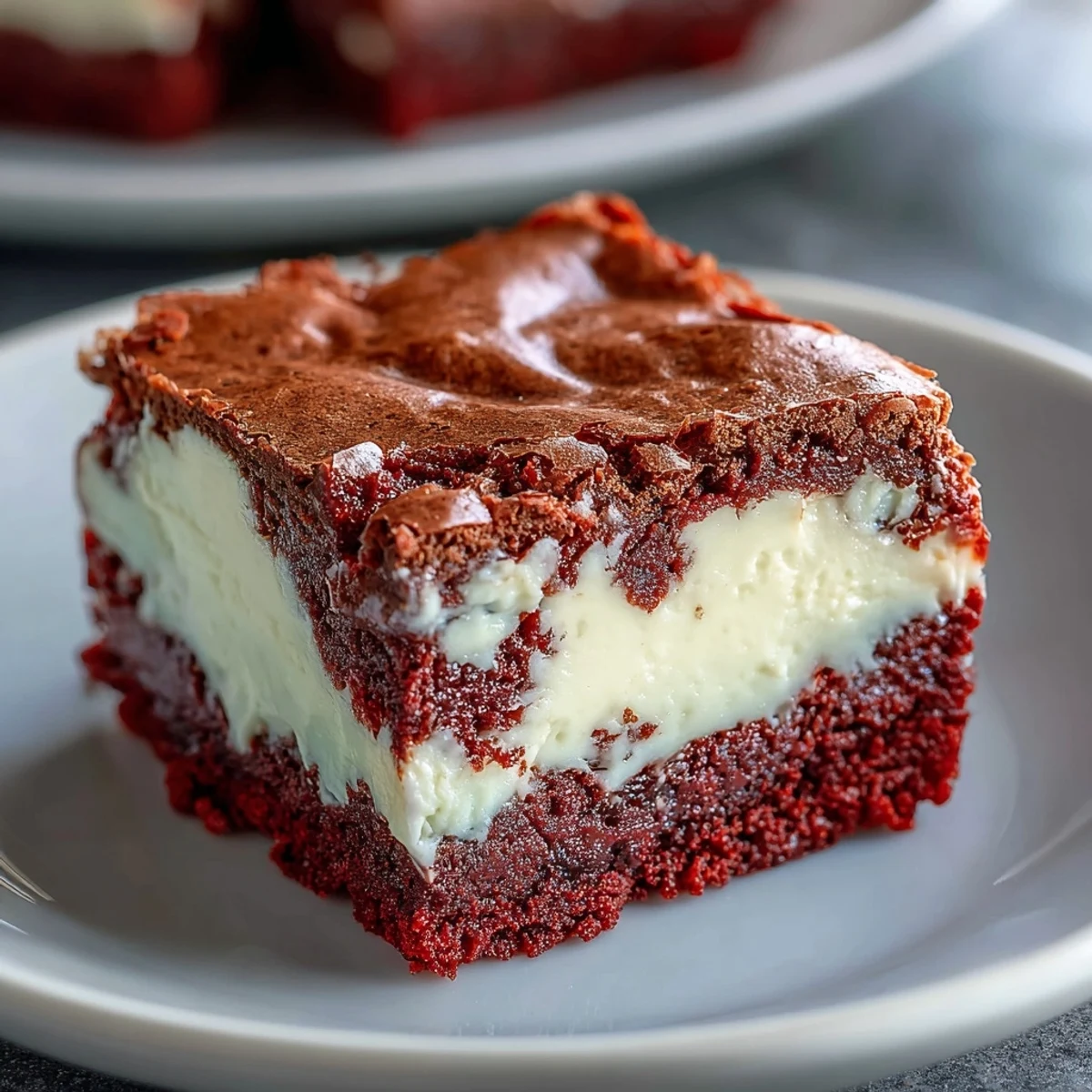 Freshly baked Red Velvet Cheesecake Brownies with a rich, fudgy texture and vibrant crimson swirls, cut into neat squares.