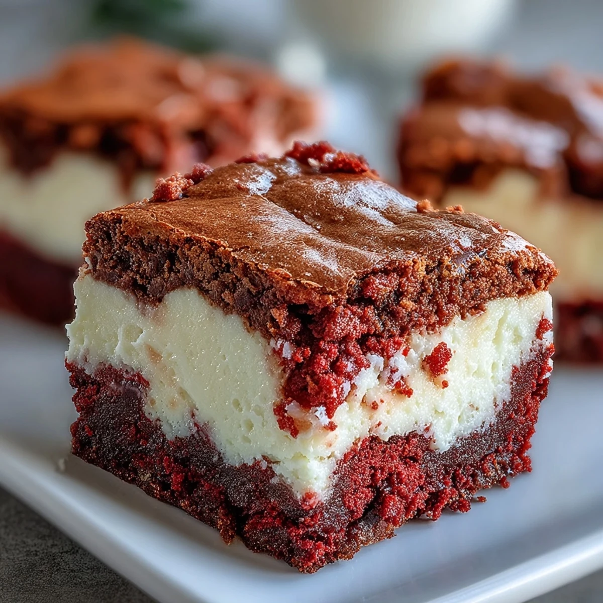 Decadent Red Velvet Cheesecake Brownies featuring a luscious cream cheese swirl, resting on parchment paper for a homemade dessert reveal.