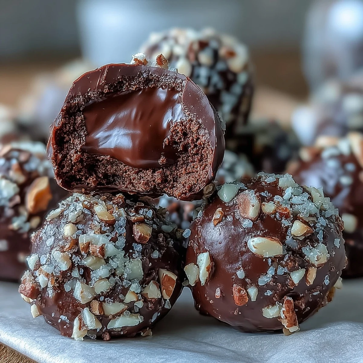 Four decadent Chocolate Truffles on a marble board, showing velvety ganache centers dusted with powdered sugar.