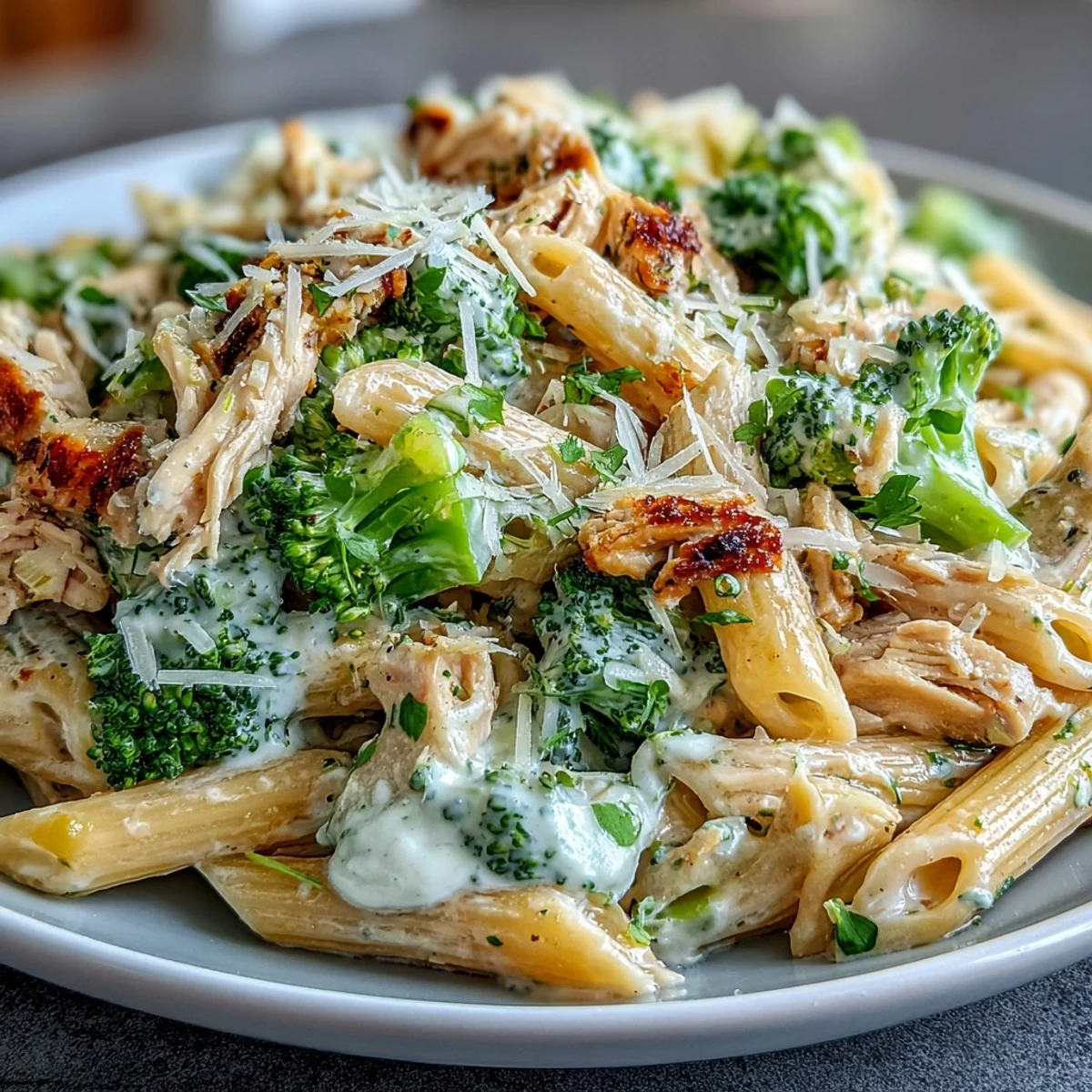 Bright broccoli florets and shredded rotisserie chicken tossed in a creamy Greek yogurt sauce over whole-wheat penne in a skillet.  