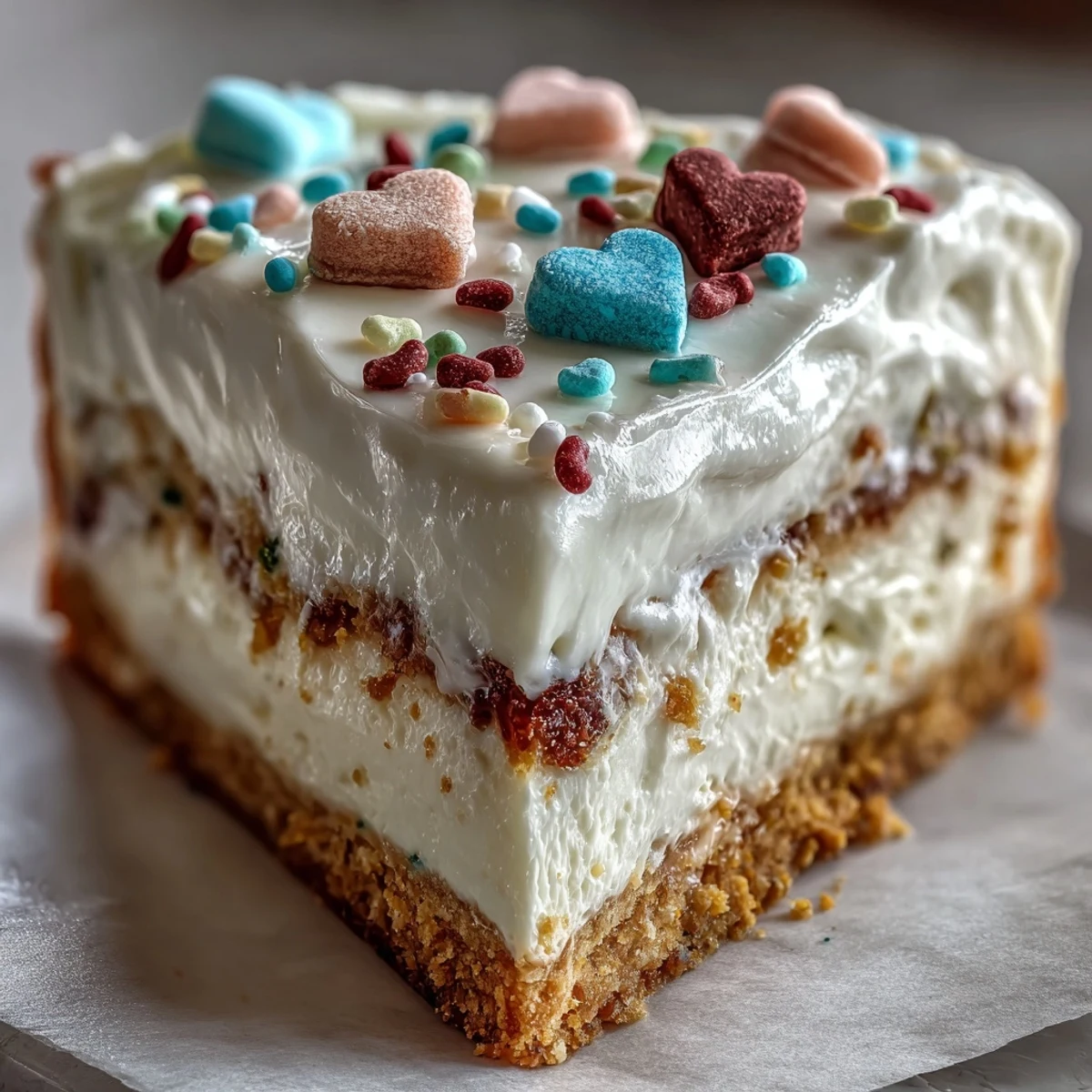 A slice of Candy Hearts Fake Cake reveals its creamy, no-bake cheesecake layers and buttery graham cracker crust.