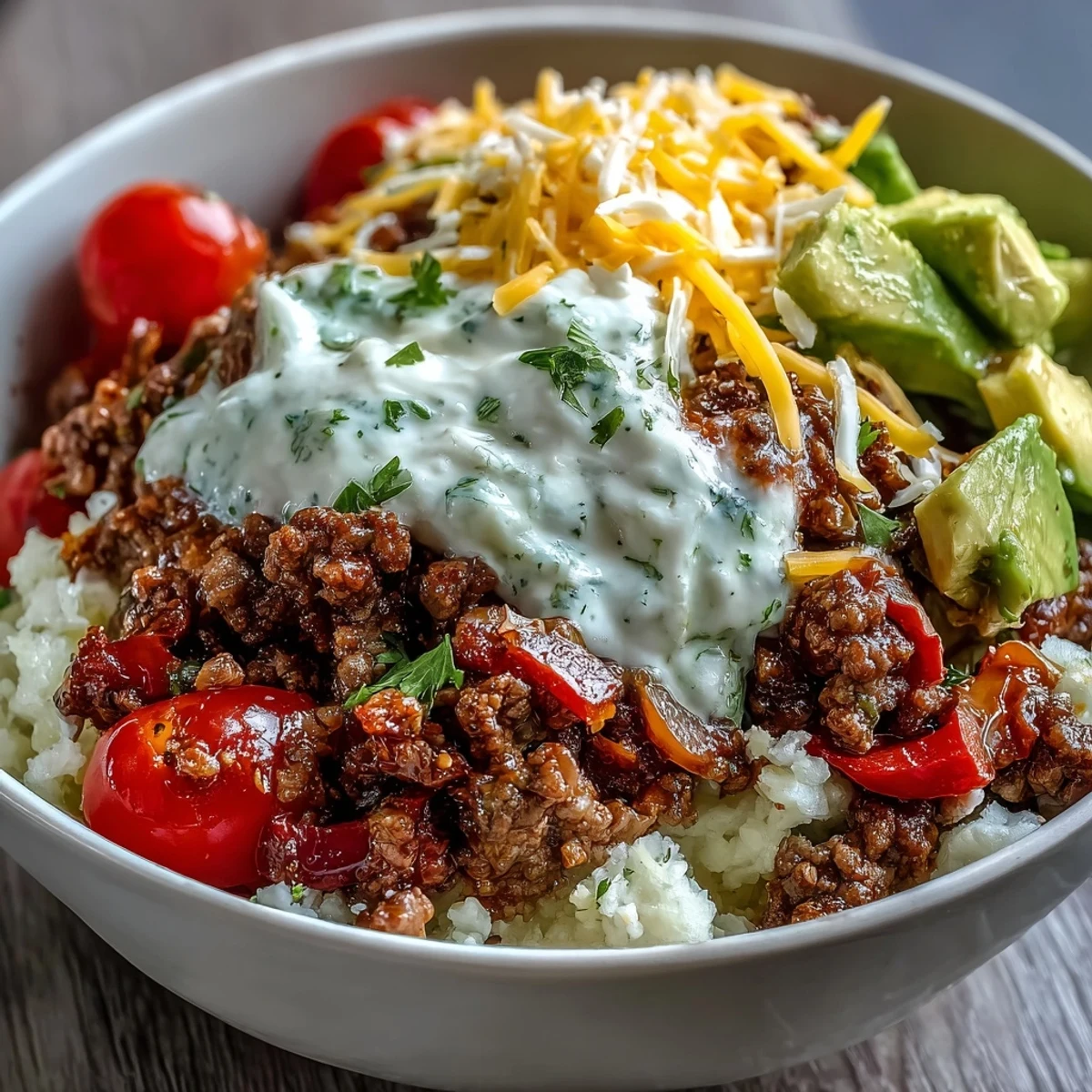A plated Low Carb Burrito Bowl with seasoned ground beef, cauliflower rice, and fresh toppings.
