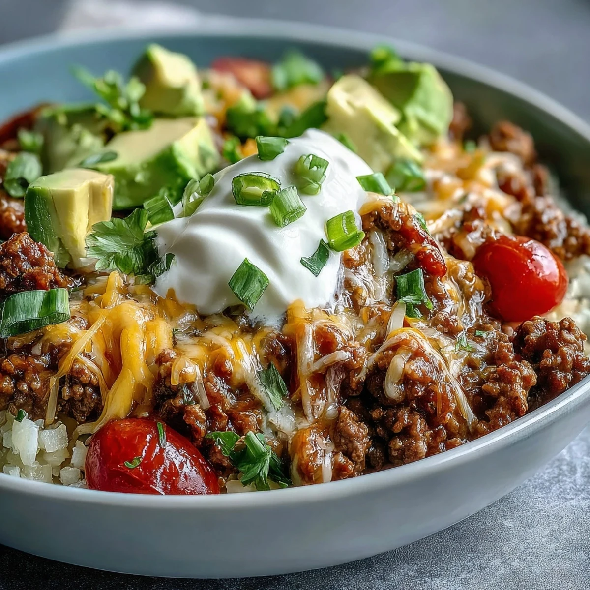 This Low Carb Burrito Bowl features juicy beef, crisp lettuce, avocado, and a lime wedge.