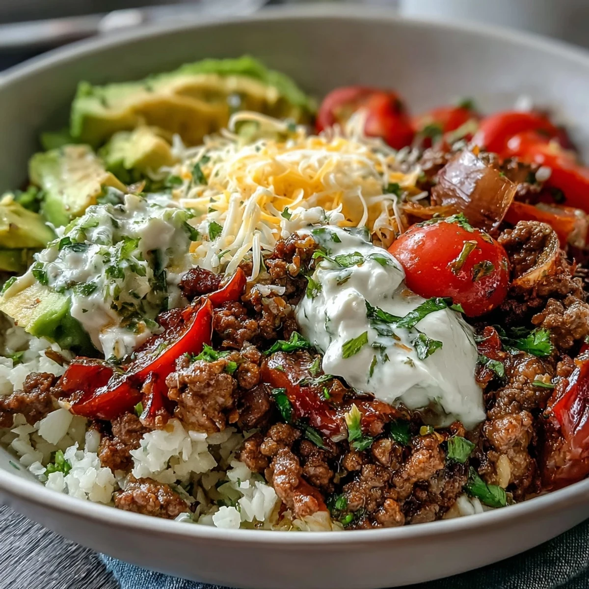 Colorful Low Carb Burrito Bowl with seasoned beef, cauliflower rice, cheese, and sour cream.