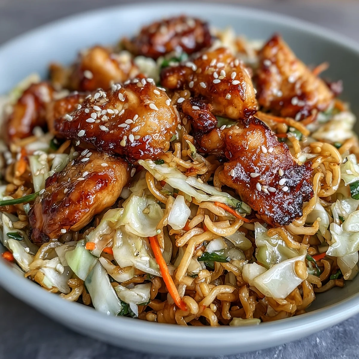 A close-up of colorful Egg Roll Bowls with Chicken and Cabbage topped with scallions and sesame seeds, served alongside spicy chili crisp for dipping.