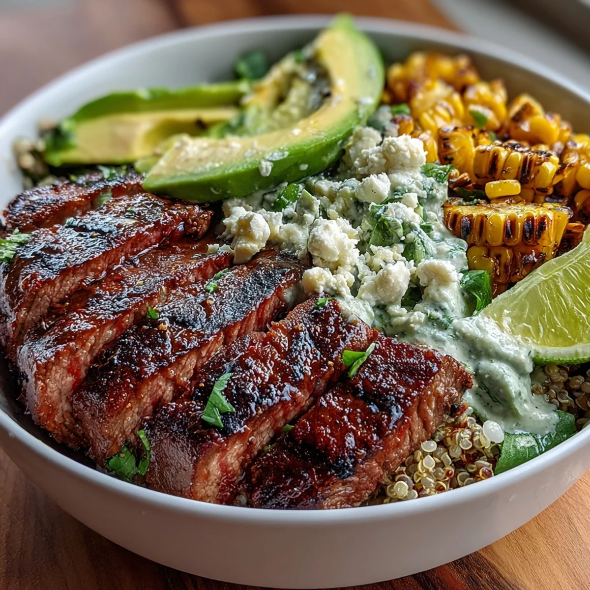 Perfectly grilled steak slices and charred corn sit atop a bed of fluffy rice, garnished with avocado and lime. 