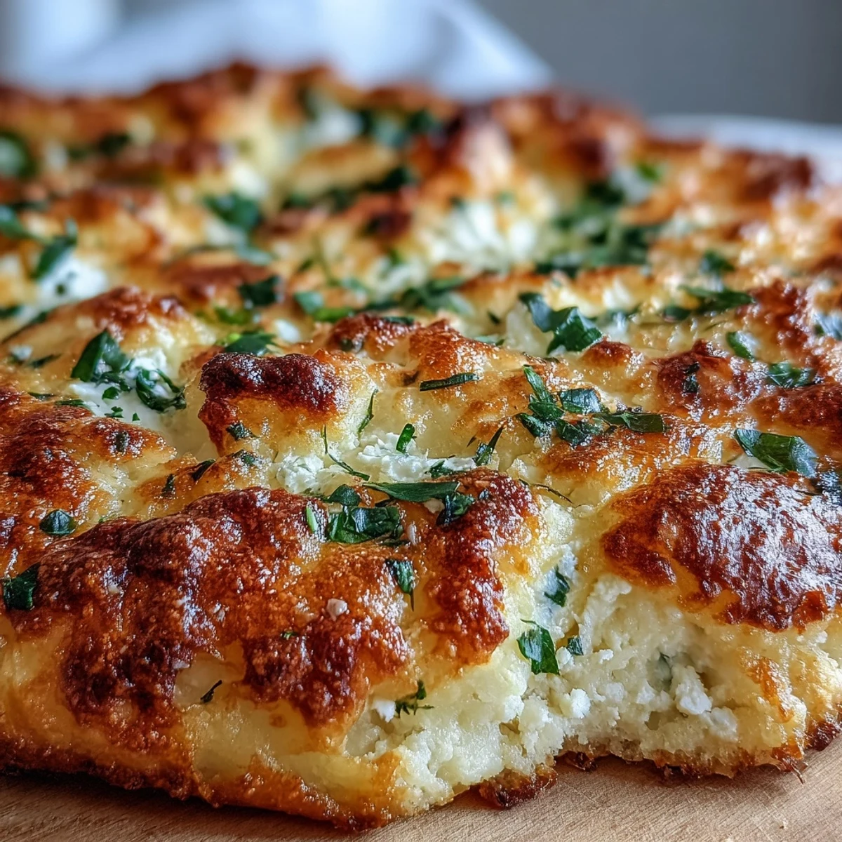 Fluffy cottage cheese flatbread bubbles golden-brown in a skillet, releasing savory garlic and fresh herb aromas.  