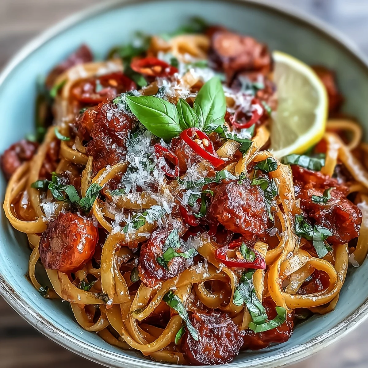 Fresh basil and grated Parmesan garnish this vibrant pasta dish, served hot from a sizzling skillet.