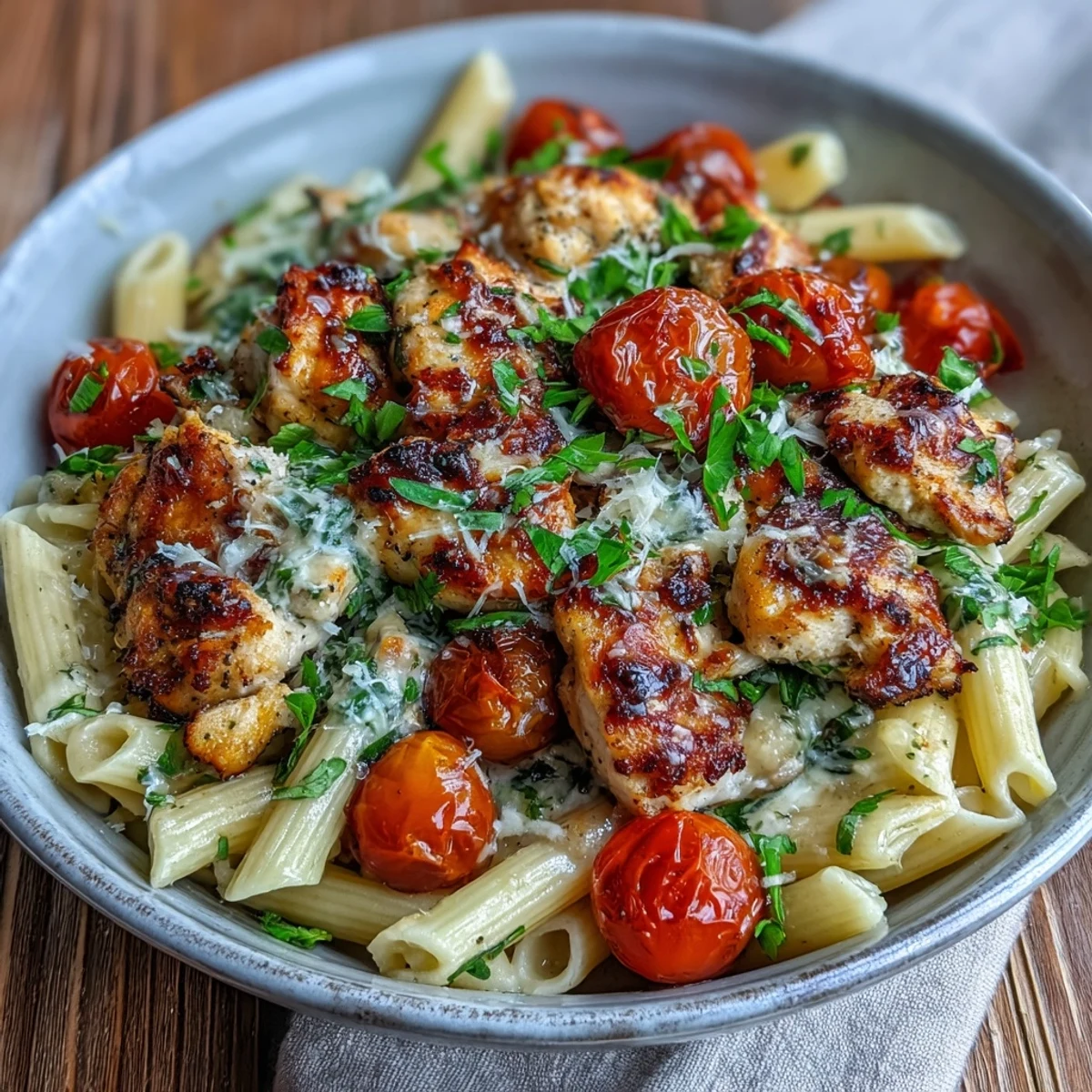 Savory Bruschetta Chicken Pasta features golden-seared chicken, penne, and juicy cherry tomatoes with fresh basil and melted mozzarella.
