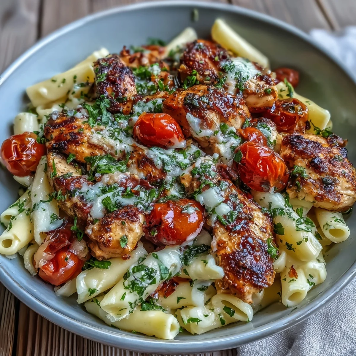 Bright cherry tomatoes soften in a balsamic glaze over al dente penne with sliced chicken and fresh herbs.