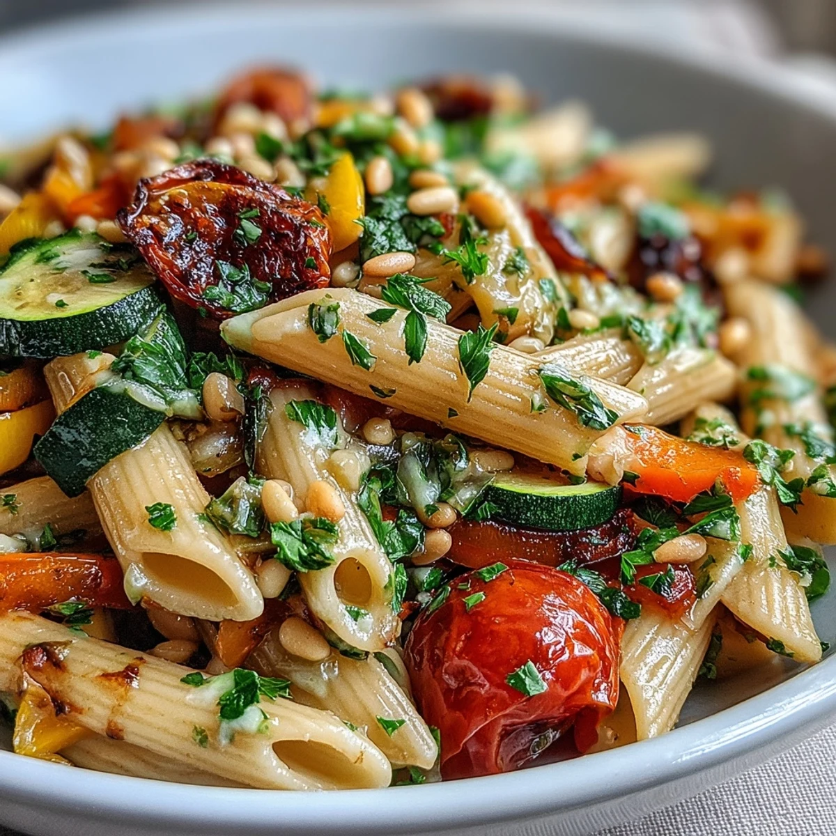 A steaming bowl of whole wheat pasta tossed with caramelized roasted vegetables and creamy protein sauce, garnished with pine nuts and parsley.