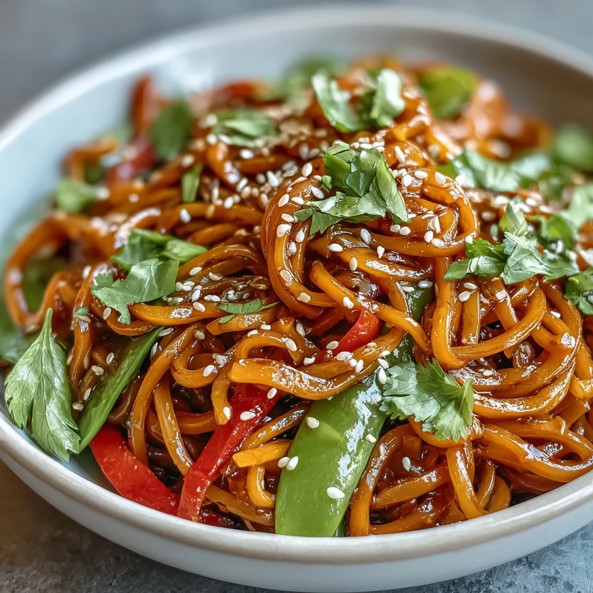 A vibrant shirataki noodle bowl with crisp bok choy, red bell peppers, and snow peas tossed in a fragrant ginger sauce, garnished with toasted sesame seeds.  