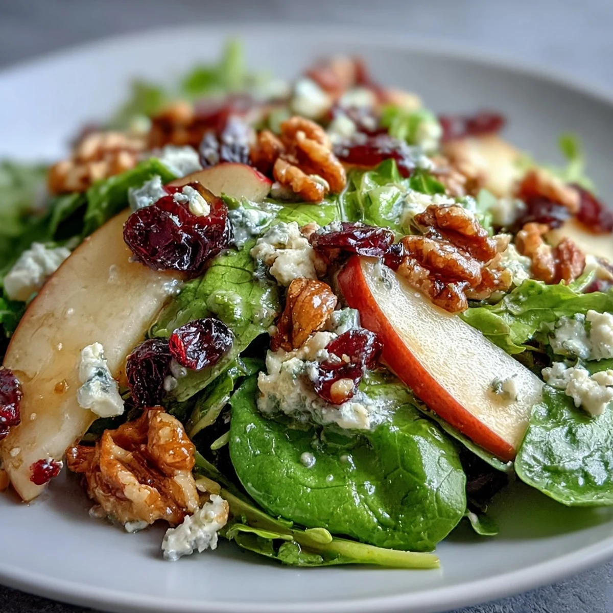 A vibrant Mixed Greens and Apple Bowl salad with crisp apple slices, crunchy walnuts, and creamy goat cheese tossed in a tangy cider vinaigrette.