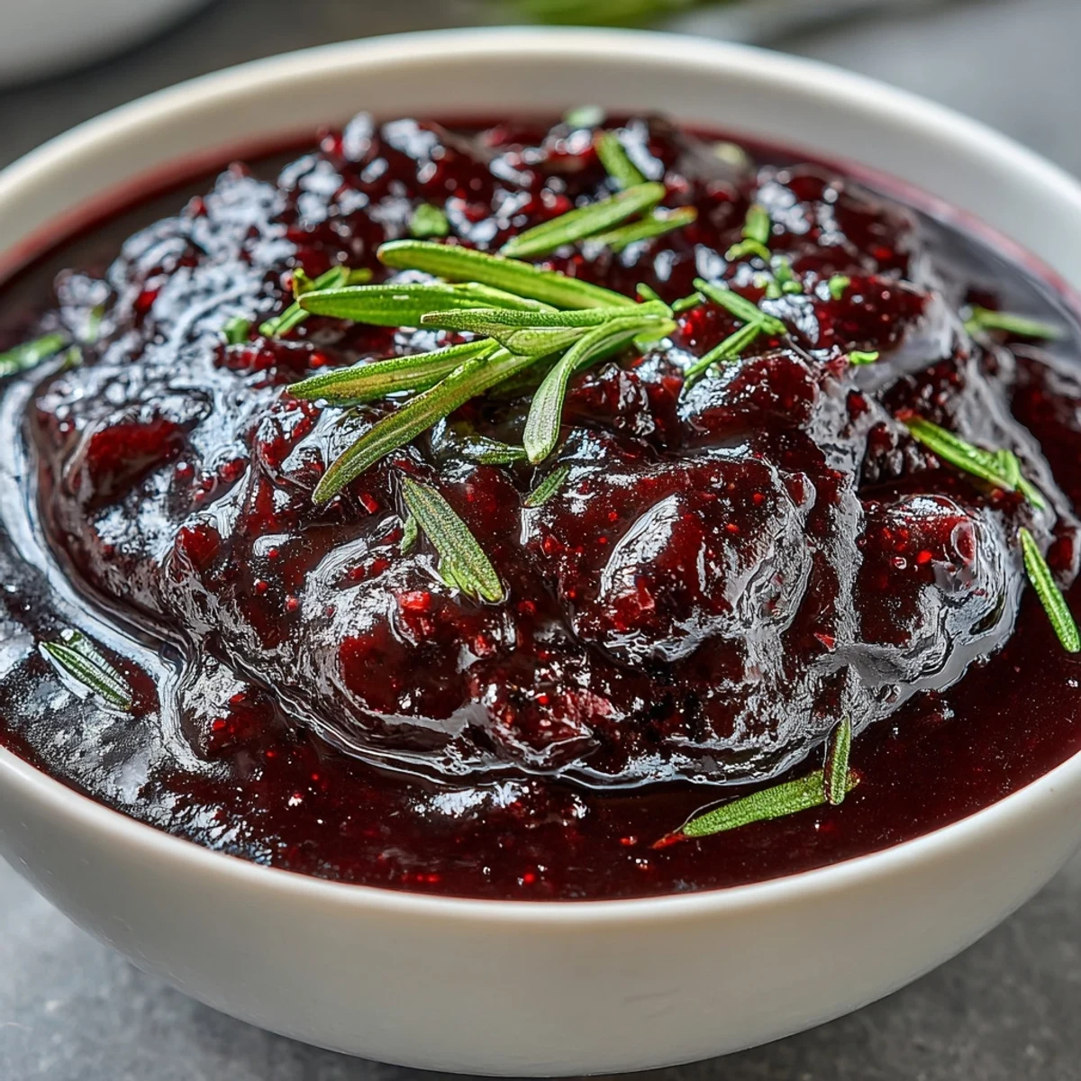 Close-up of Black Currant and Rosemary Reduction in a small white bowl, showing its glossy, dark purple surface. Fresh rosemary leaves float on top, releasing an aromatic scent that pairs beautifully with roasted duck or game.