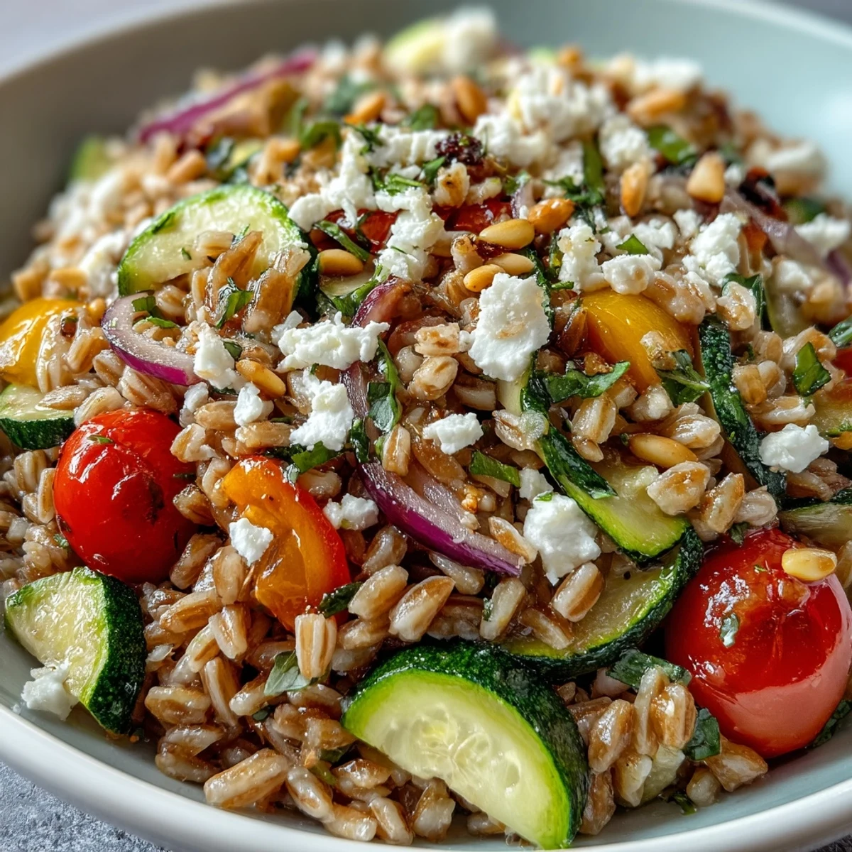 This hearty Farro Pasta Bowl features Mediterranean vegetables and a zesty olive oil dressing, garnished with fresh parsley.  
