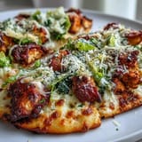 Golden, cheesy Garlic Naan Chicken Caesar Pizzas are finished with fresh chopped romaine and a drizzle of extra dressing.