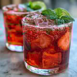 A vibrant strawberry lemon sparkling mocktail with fresh berries and zesty citrus, served over ice with mint garnish.