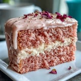 A blush pink Rosé Velvet Cake, beautifully adorned with cascading gold drizzles.