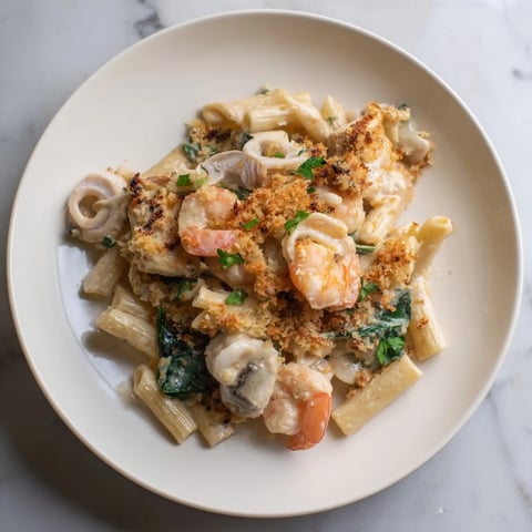 Creamy Japanese seafood pasta bake topped with crunchy panko, perfect for dinner.  