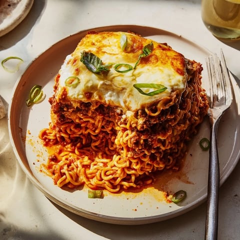 Spicy Ramen Lasagna layered with flavorful pork, tangy sauce, and melted cheese.  