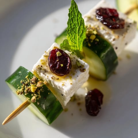 Holiday Cranberry-Feta Skewers drizzled with honey, boasting a beautiful mix of red, green, and white.