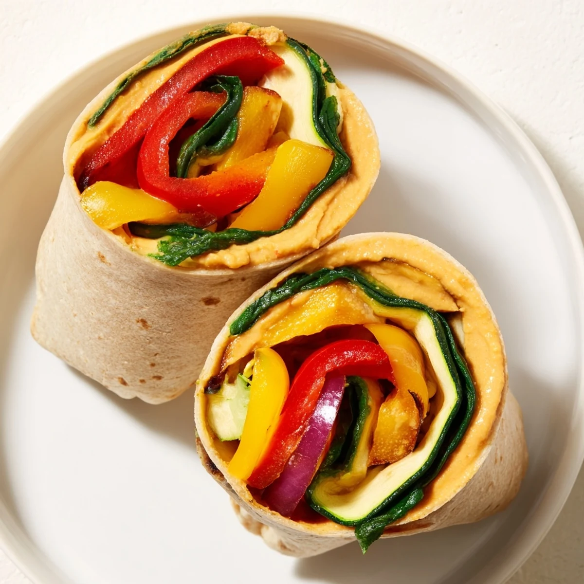 Delicious Roasted Veggie & Hummus Candy Cane Wrap roll-ups, vibrant with roasted vegetables and creamy hummus inside.