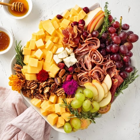 Beautiful maple leaf grazing tray, bursting with cheeses, charcuterie and fruits, ideal for autumn gatherings.