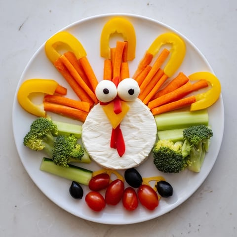 A colorful Turkey Shaped Appetizer Tray holds vibrant veggies and crackers ready to enjoy.
