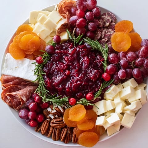 Festive Cranberry Wreath Platter with creamy cheeses, savory meats, nestled around a holiday evergreen garnish.