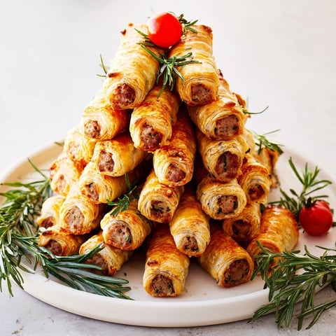 Golden, flaky Savory Bites: Mini Sausage Roll Christmas Tree arranged for a festive holiday appetizer.