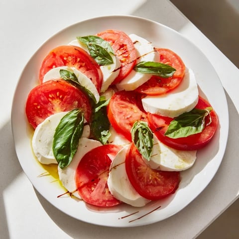 Fresh sliced tomatoes and mozzarella rounds, beautifully plated for a light, refreshing, summer side dish.