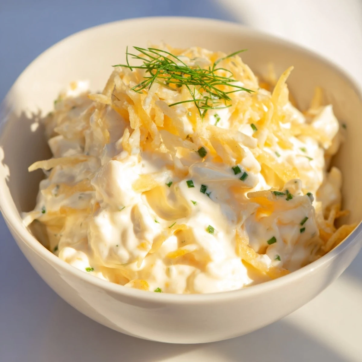 A close-up of crispy potato chips served with creamy onion dip, a classic American snack.