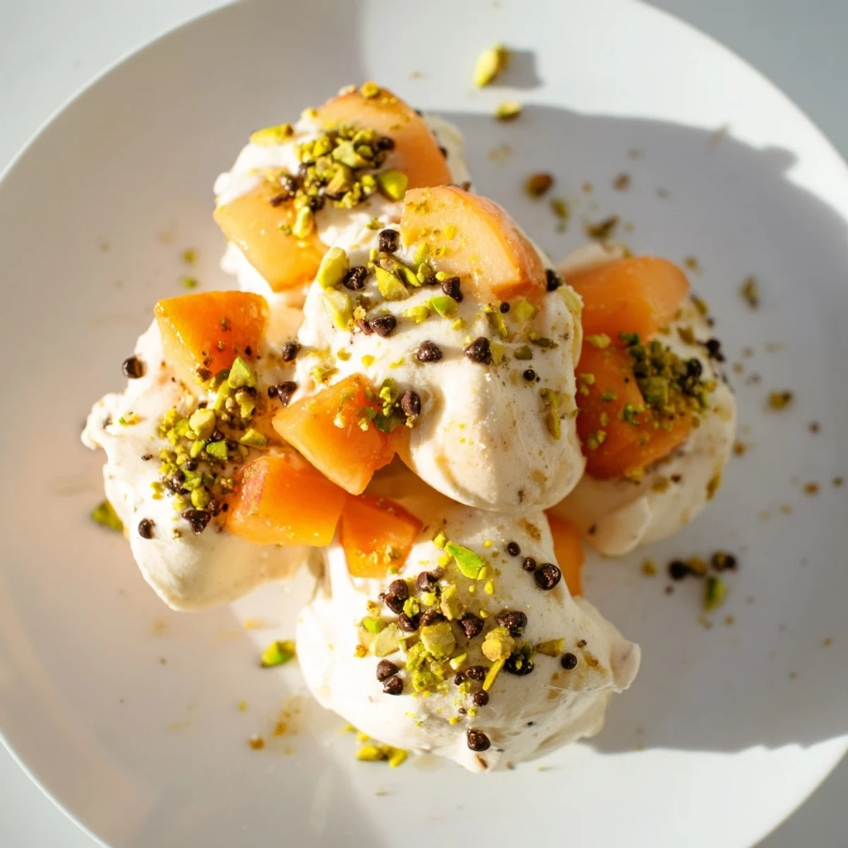 Frozen peach yogurt bites, creamy white with tiny peach pieces, frozen and ready to eat.