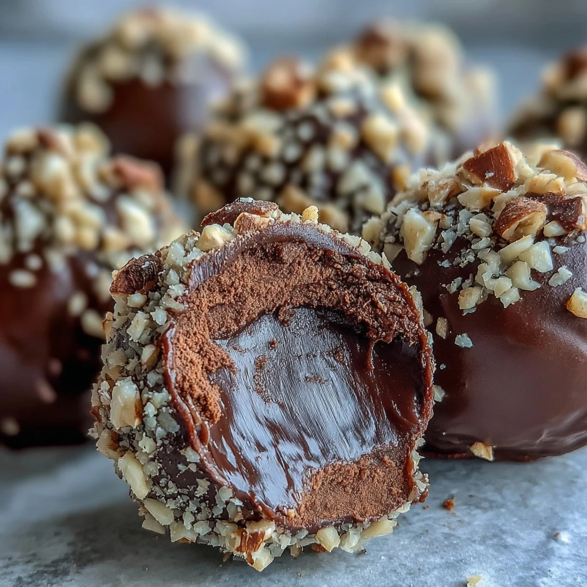 Rich, creamy Chocolate Truffles coated in cocoa powder and finely chopped nuts, arranged on a dark tray.